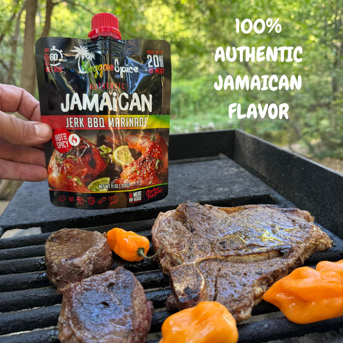 Brushing Reggae Spice jerk marinade onto chicken during grilling.