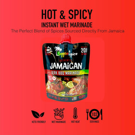 Pouring Reggae Spice jerk marinade to glaze meat quickly.