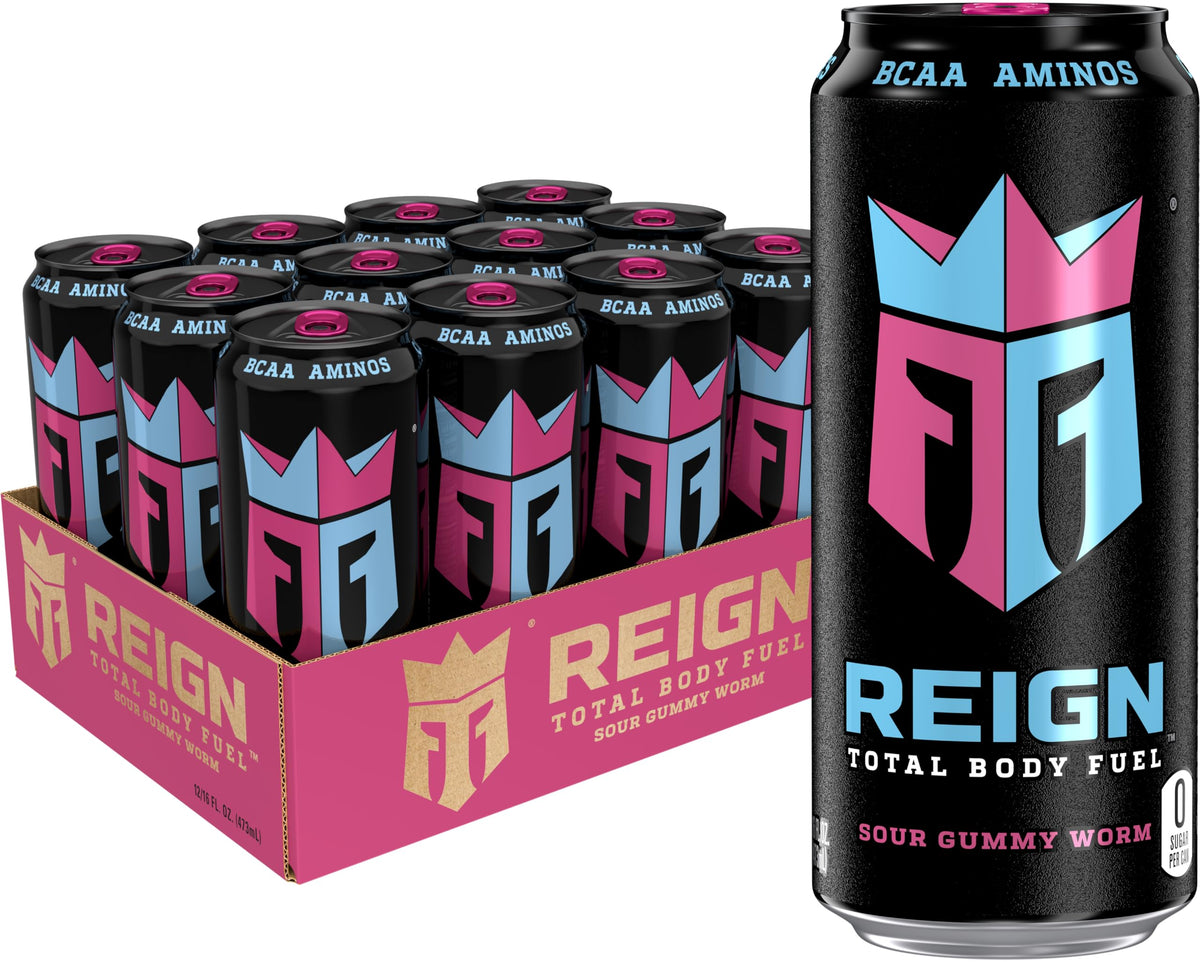 REIGN Sour Gummy Worm bottle offers bold flavor and clean energy for workouts.