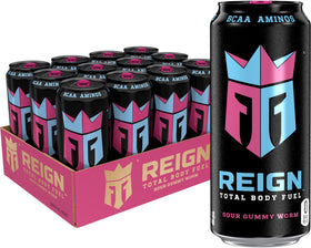 REIGN Sour Gummy Worm bottle offers bold flavor and clean energy for workouts.