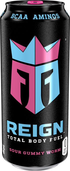 Pouring REIGN Sour Gummy Worm for a workout-ready caffeine boost.