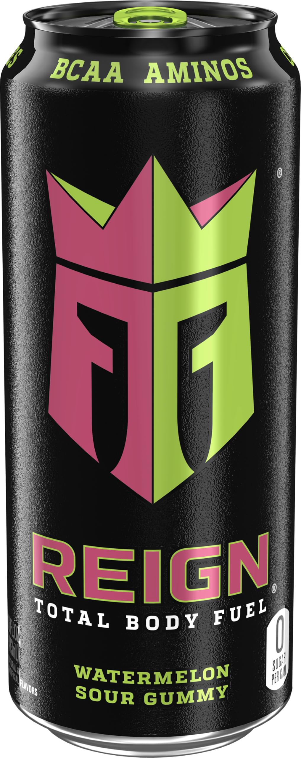 REIGN Total Body Fuel can closeup emphasizes electrolytes and BCAAs.