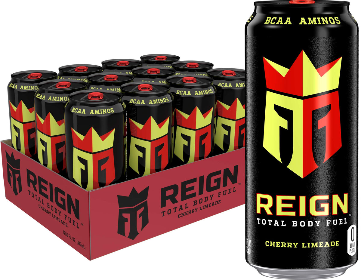 Reign Total Body Fuel Cherry Limeade bottle highlighting zero sugar and natural caffeine.