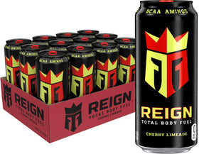 Reign Total Body Fuel Cherry Limeade bottle highlighting zero sugar and natural caffeine.