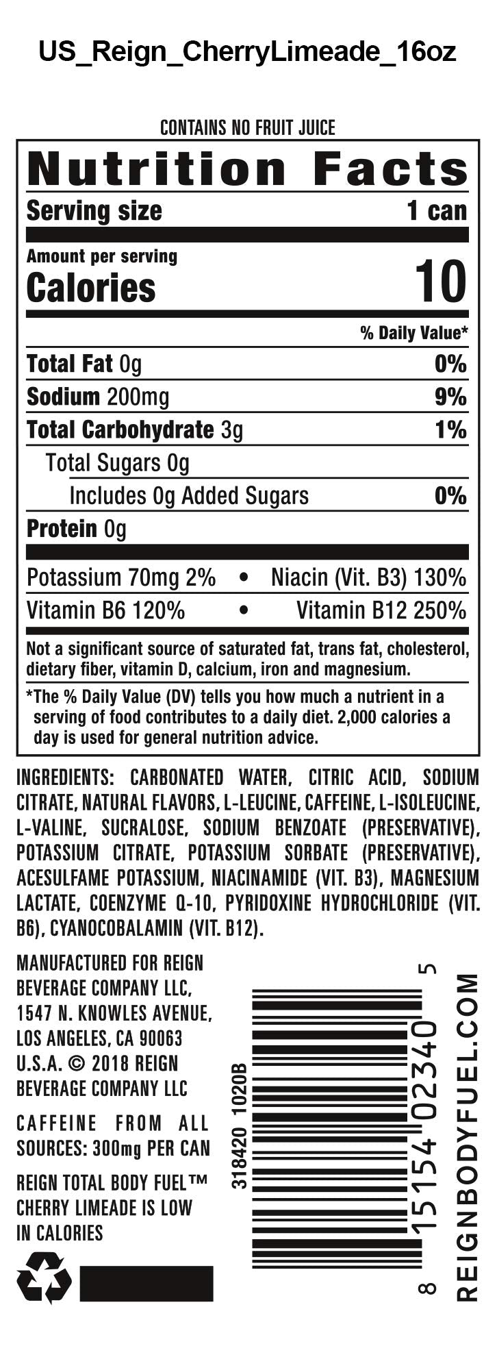 Reign Total Body Fuel Cherry Limeade can closeup emphasizes BCAAs and CoQ10 for energy.