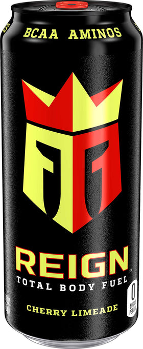 Reign Total Body Fuel Cherry Limeade pour shows balanced electrolytes for hydration during workouts.