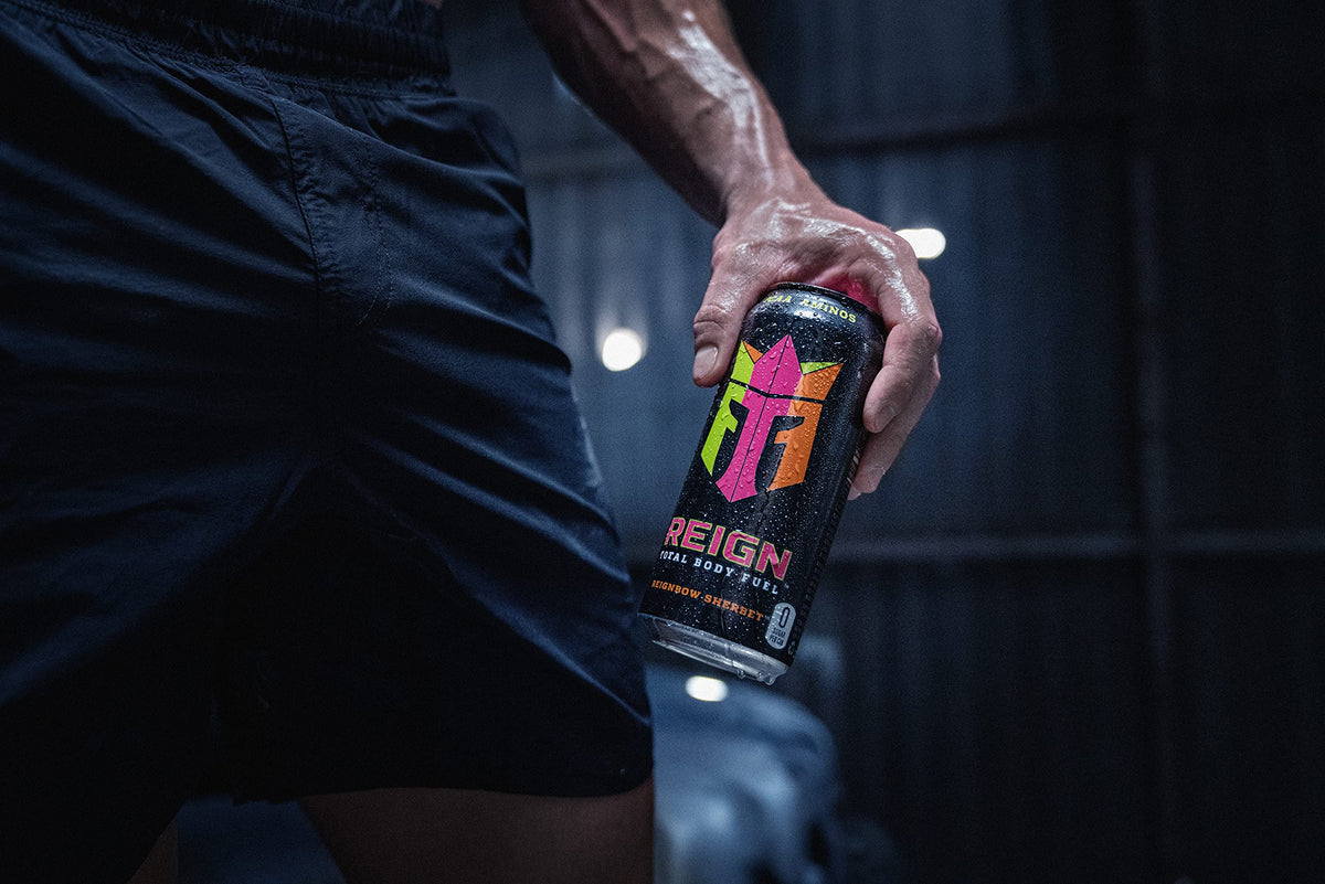 REIGN on gym bag with sherbet flavor ready for training sessions.