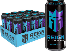 Reign Total Body Fuel Razzle Berry can; zero sugar, energy for workouts.