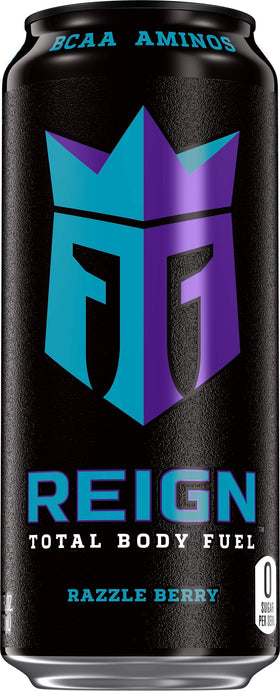 Reign Total Body Fuel Razzle Berry label close-up highlights caffeine.