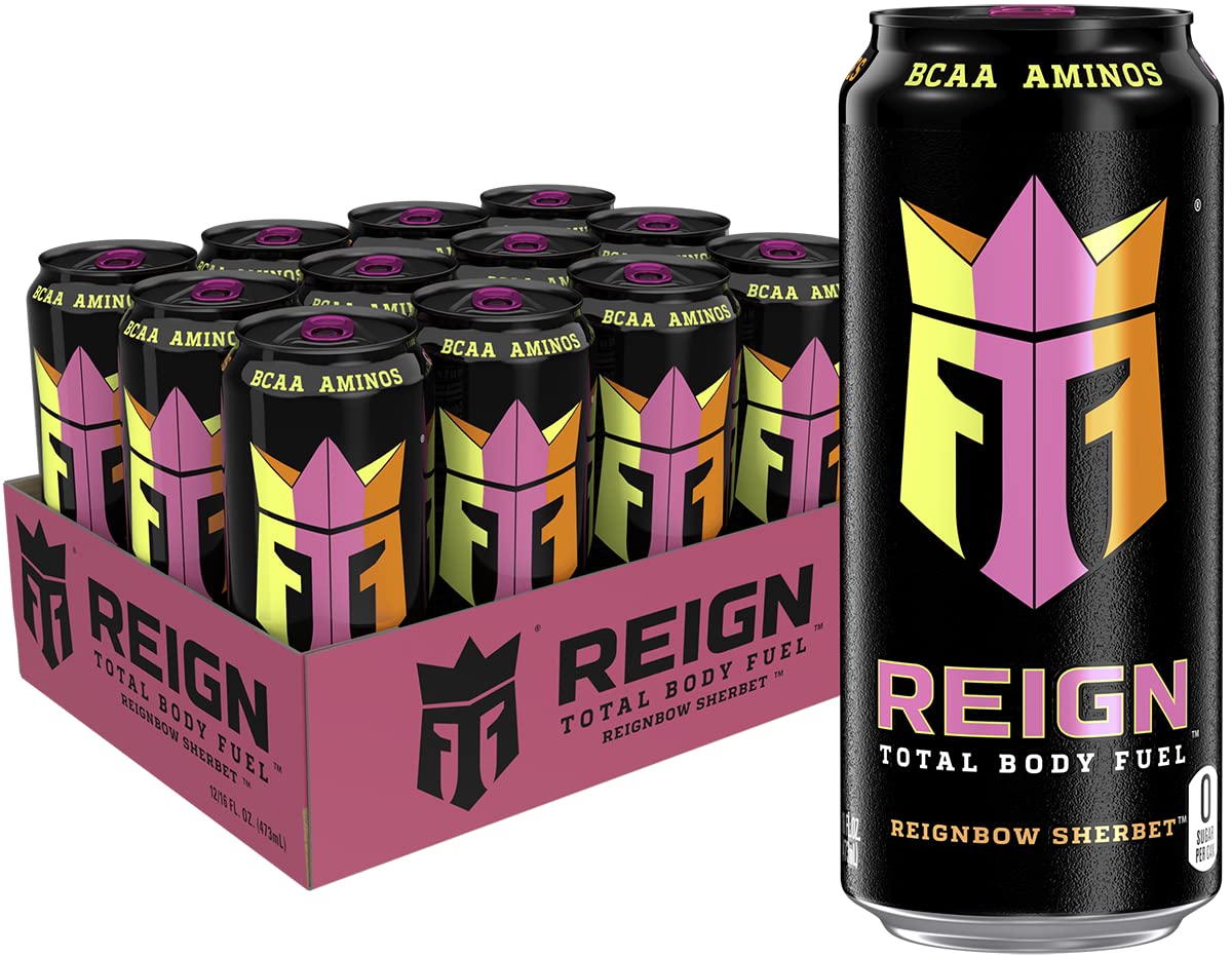 REIGN Total Body Fuel bottle with Reignbow Sherbet, energy-boosting workout companion.