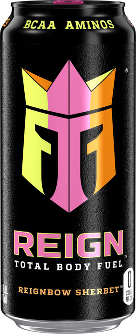 Close-up of flavor swirls on REIGNbow Sherbet can for refreshing hydration.