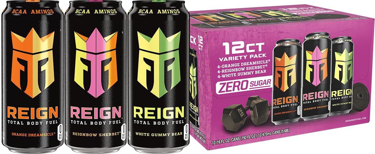 REIGN Total Body Fuel Orange Dreamsicle can showing a vibrant flavor and zero sugar benefit for workouts
