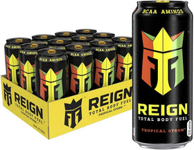 REIGN Tropical Storm bottle pour—refreshing citrus flavor for an energized workout.