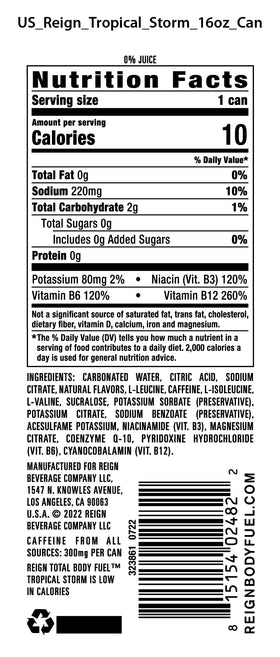 REIGN Tropical Storm label view—natural caffeine and electrolytes for steady energy.