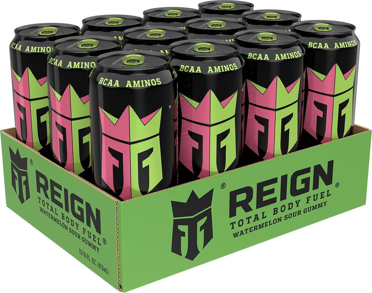 REIGN Watermelon Sour Gummy label highlights flavor and ingredient benefits.