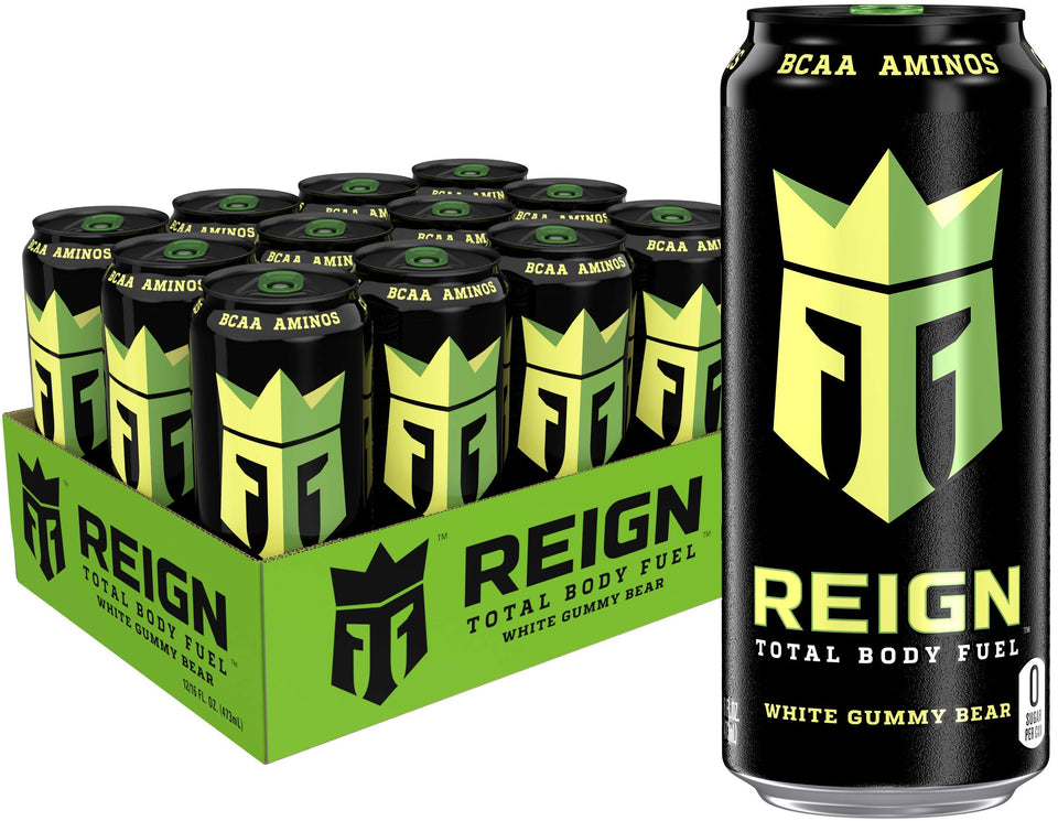 Reign White Gummy Bear can with zero sugar and natural caffeine for steady energy.