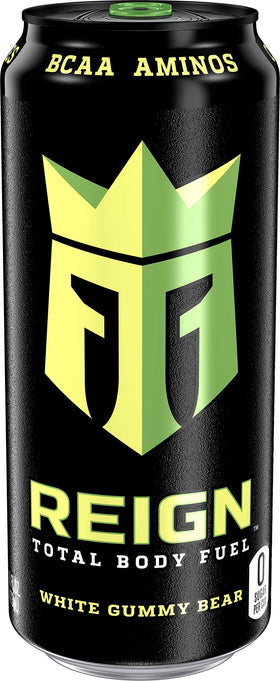 Reign White Gummy Bear label highlighting electrolytes and BCAAs for active recovery.
