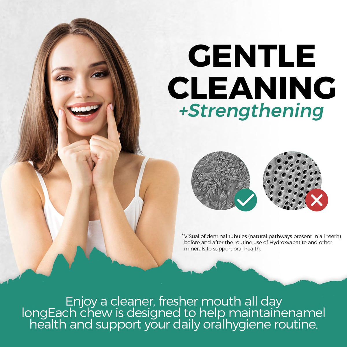 Enamel surface concept with hydroxyapatite bonding from REISHIKING gum.