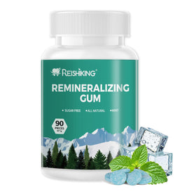 REISHIKING remineralizing gum packaging shown for daily use and minty freshness.