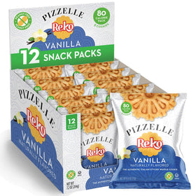 Reko Pizzelle Vanilla box showing six-pack for easy snacking.