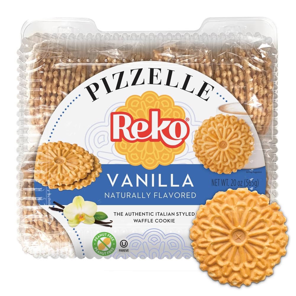 Reko Pizzelle vanilla cookie showcasing rich vanilla flavor and a crisp, delicate bite.