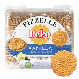 Reko Pizzelle vanilla cookie showcasing rich vanilla flavor and a crisp, delicate bite.