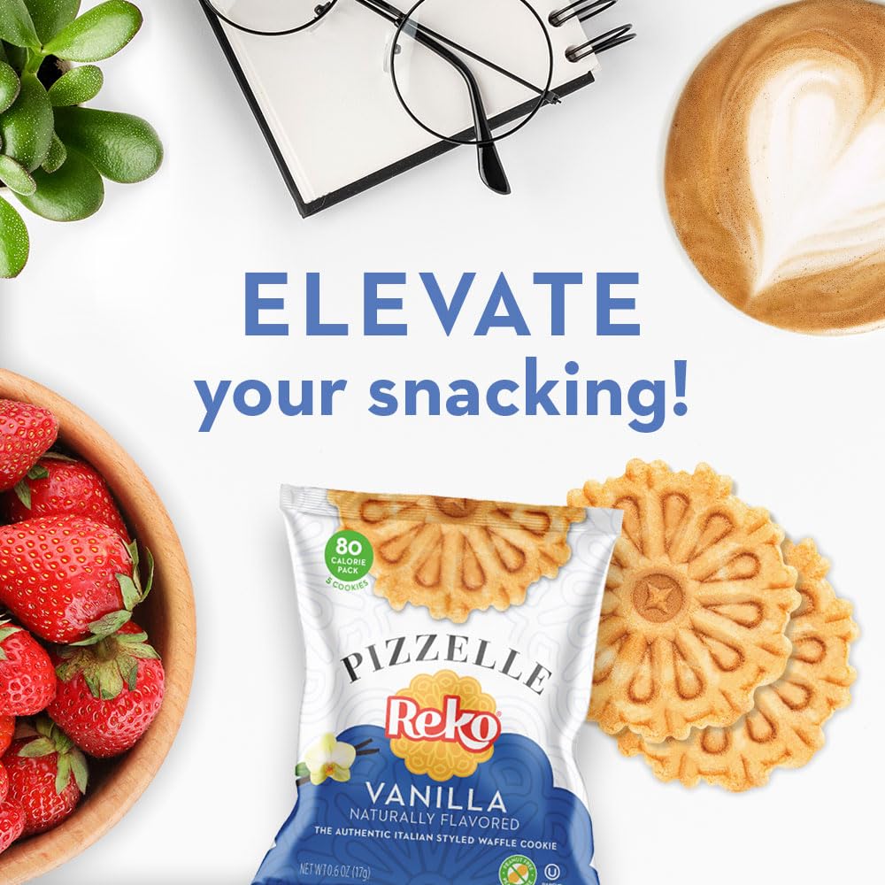 Reko Pizzelle Vanilla individually wrapped packs for on-the-go convenience.