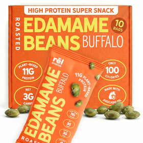 Rel Snacks Buffalo Edamame bag front showing grab-and-go protein source