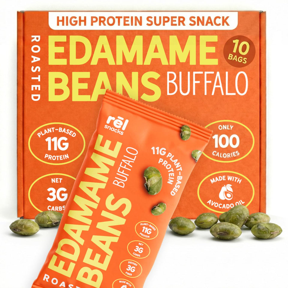 Rel Snacks Buffalo Edamame bag front showing grab-and-go protein source
