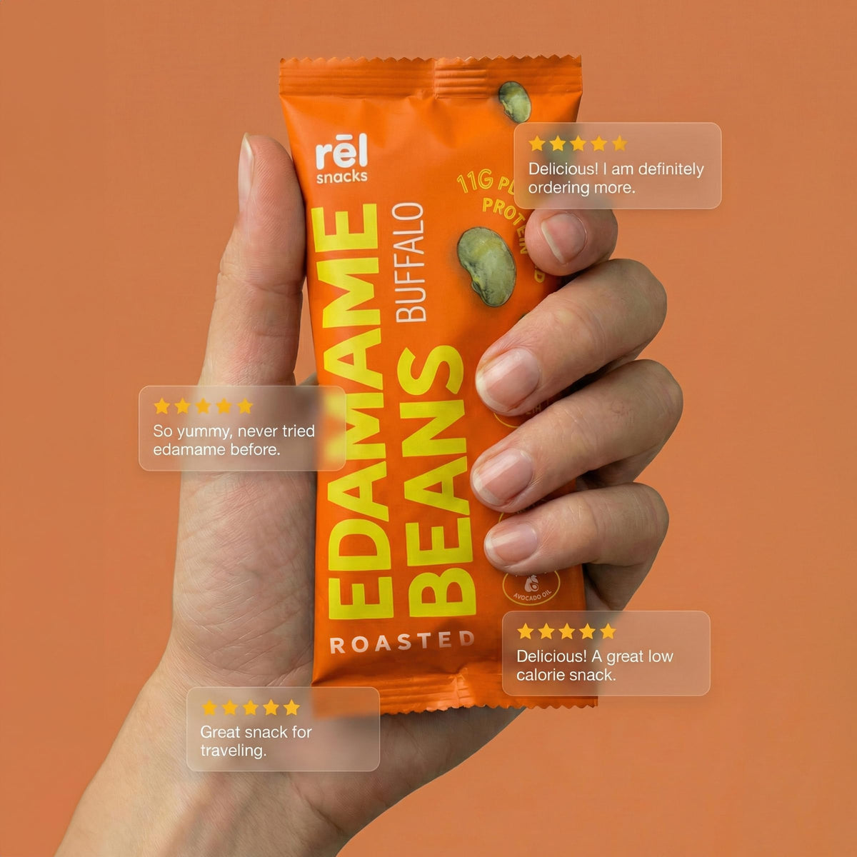 Rel Snacks Buffalo Edamame ready-to-eat in lunchbox or backpack