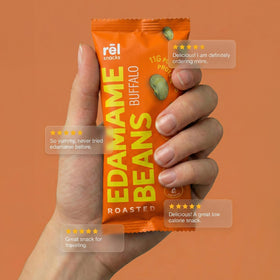 Rel Snacks Buffalo Edamame ready-to-eat in lunchbox or backpack