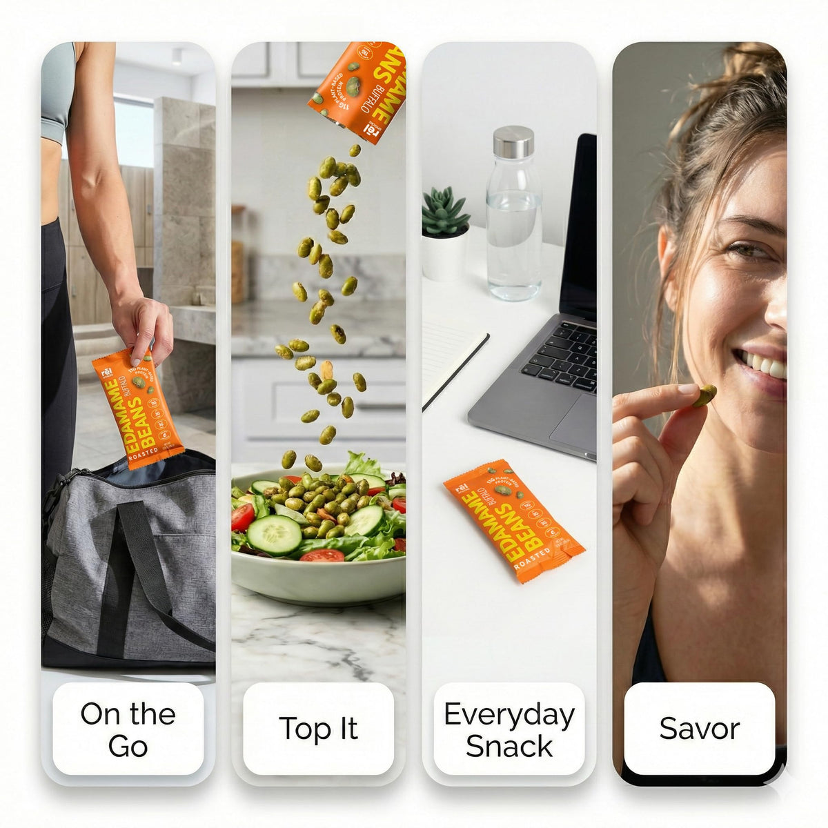 Rel Snacks Buffalo Edamame keto-friendly badge signals low-carb option