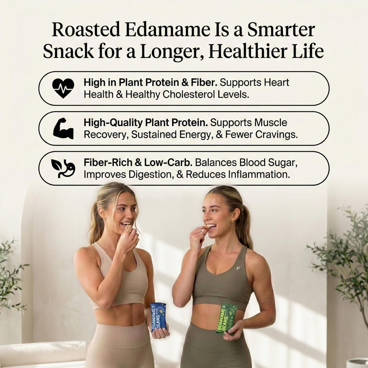 Rel Snacks edamame on desk scene highlights convenient, low-carb snacking