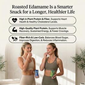 Rel Snacks edamame on desk scene highlights convenient, low-carb snacking