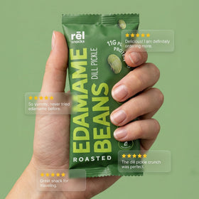 Rel Snacks roasted edamame serving on salad bowl suggesting mix-in option