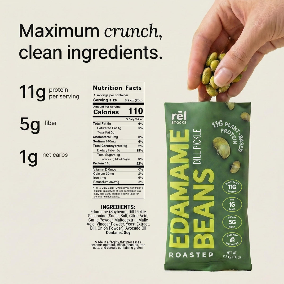 Rel Snacks Dill Pickle Edamame snack pack ready for gym bag workouts