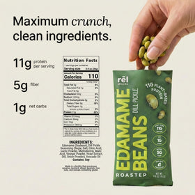 Rel Snacks Dill Pickle Edamame snack pack ready for gym bag workouts