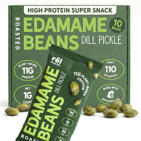 Rel Snacks Dill Pickle Roasted Edamame bag close-up for a high-protein on-the-go snack