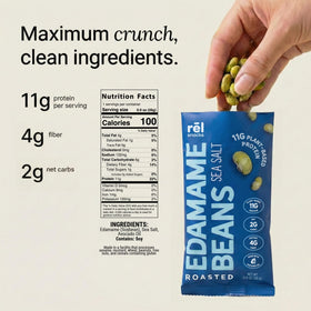 Rel Snacks edamame crunch closeup highlights the roasted texture and sea salt flavor.