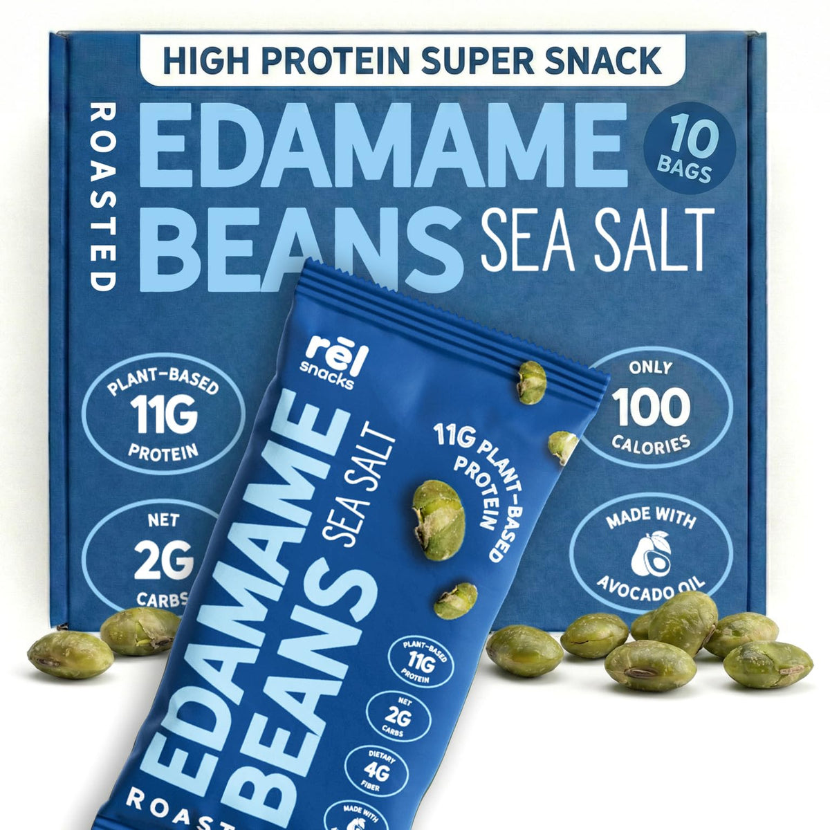 Rel Snacks sea salt edamame bag shows a crunchy, protein packed snack for busy days.