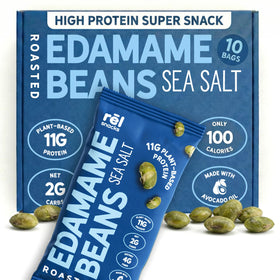 Rel Snacks sea salt edamame bag shows a crunchy, protein packed snack for busy days.