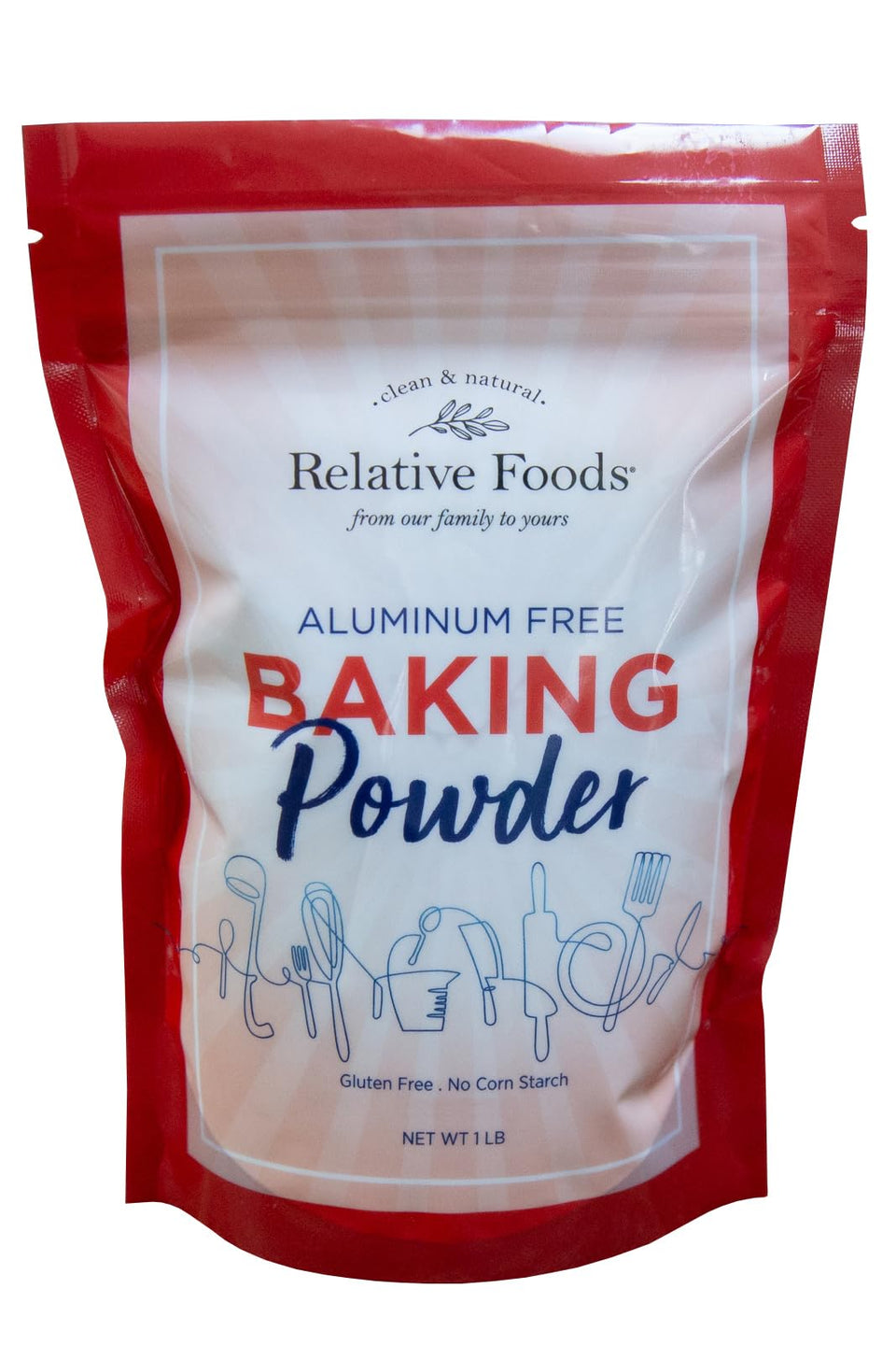 Relative Foods Baking Powder in resealable bag preserves freshness for easy kitchen storage.