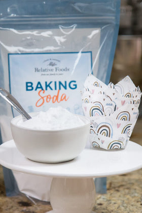 Relative Foods baking soda deodorizing and cleaning in home environments.