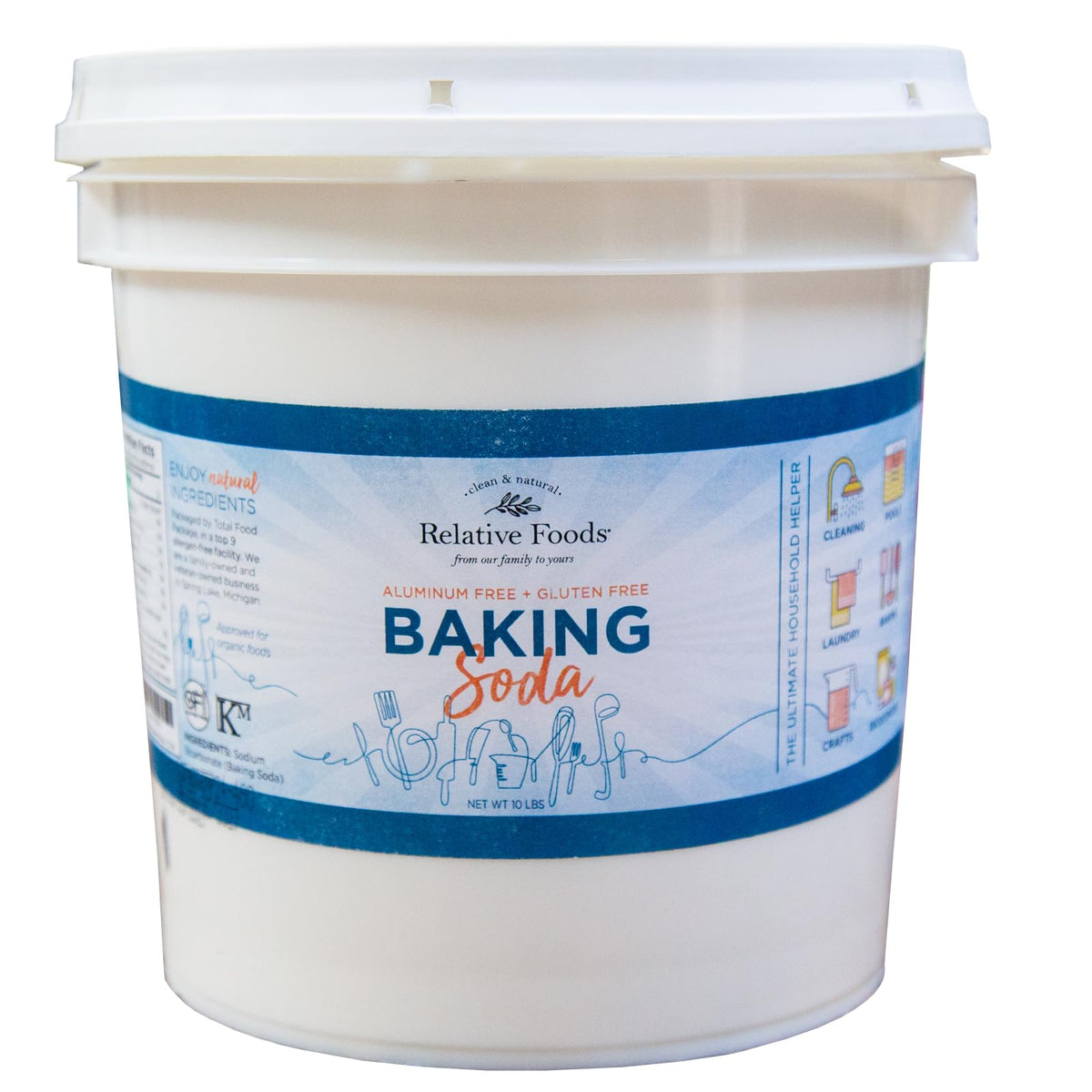 Relative Foods bulk baking soda 10 lb pail for cooking, cleaning, and deodorizing.