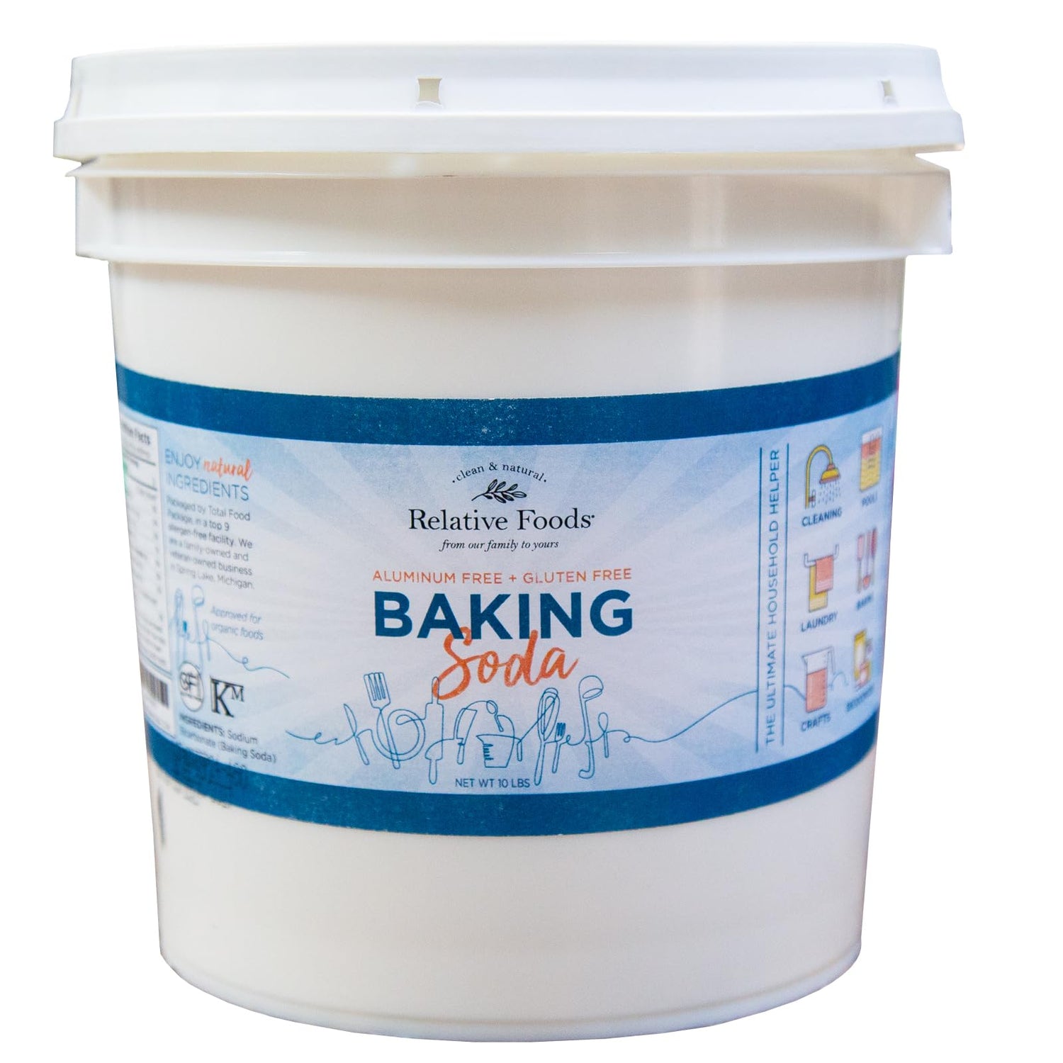 Relative Foods bulk baking soda 10 lb pail for cooking, cleaning, and deodorizing.