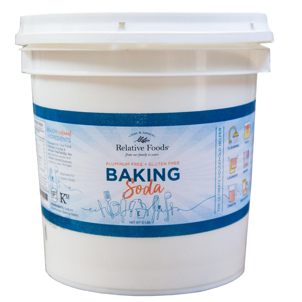Relative Foods bulk baking soda 10 lb pail for cooking, cleaning, and deodorizing.