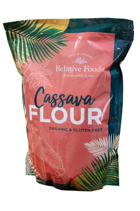 Relative Foods organic cassava flour packaging in a resealable 5-lb bag.