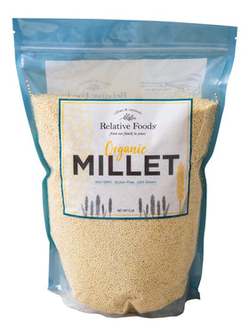 Relative Foods hulled millet seed in a resealable bag for pantry storage.