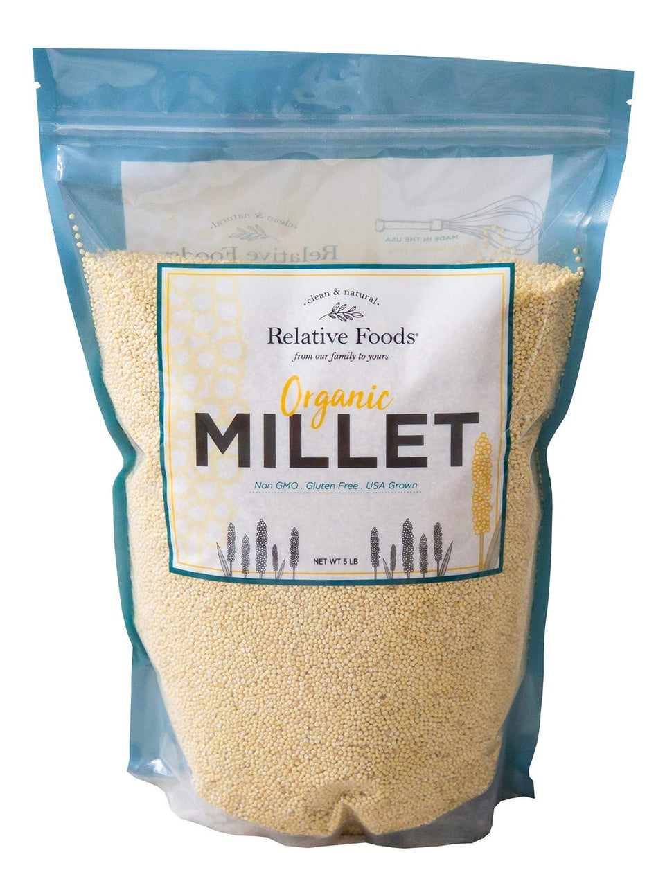 Relative Foods hulled millet seed in a resealable bag for pantry storage.