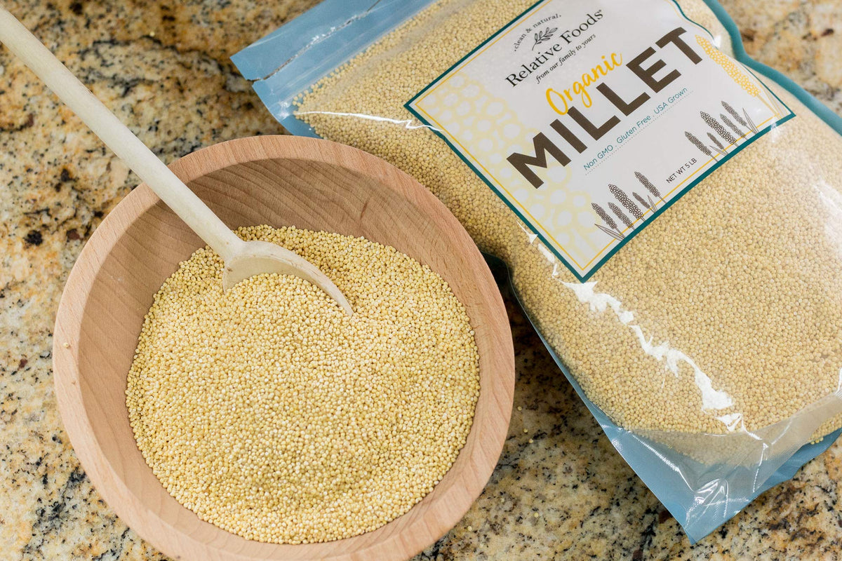 Relative Foods bulk millet pack with resealable bag for freshness.